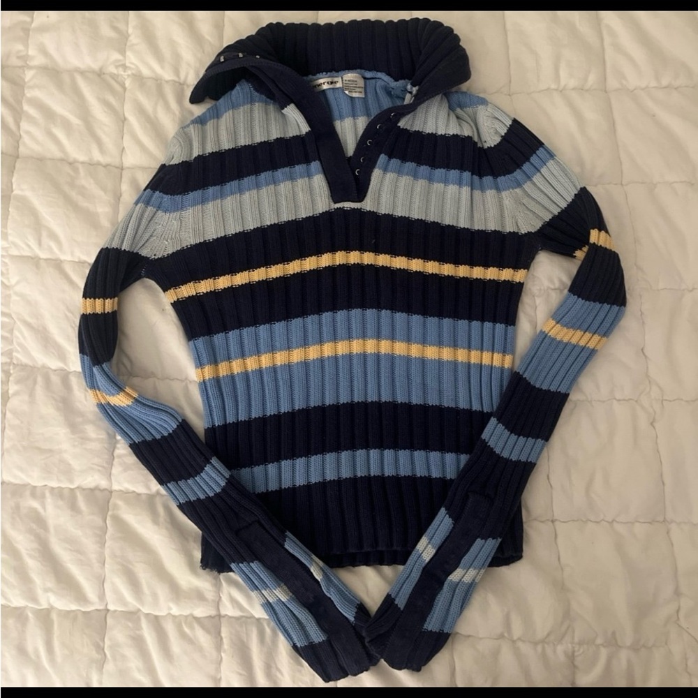 Energie Navy and Light Blue Striped V-Neck Sweater